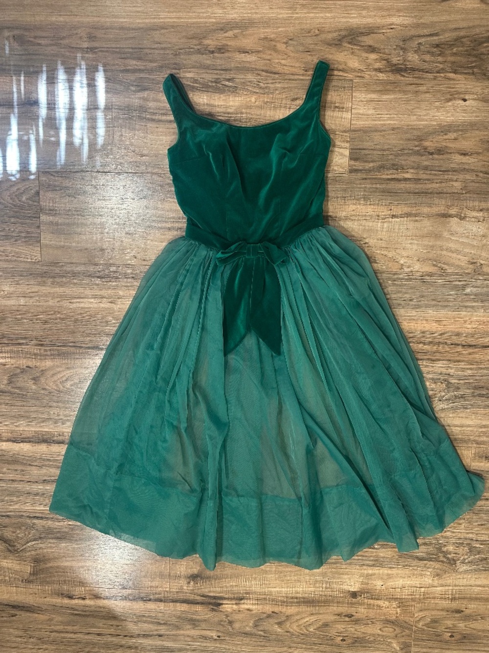 1950s Emma Domb Emerald Green Vintage Fit and Flare Dress Velvet and Chiffon